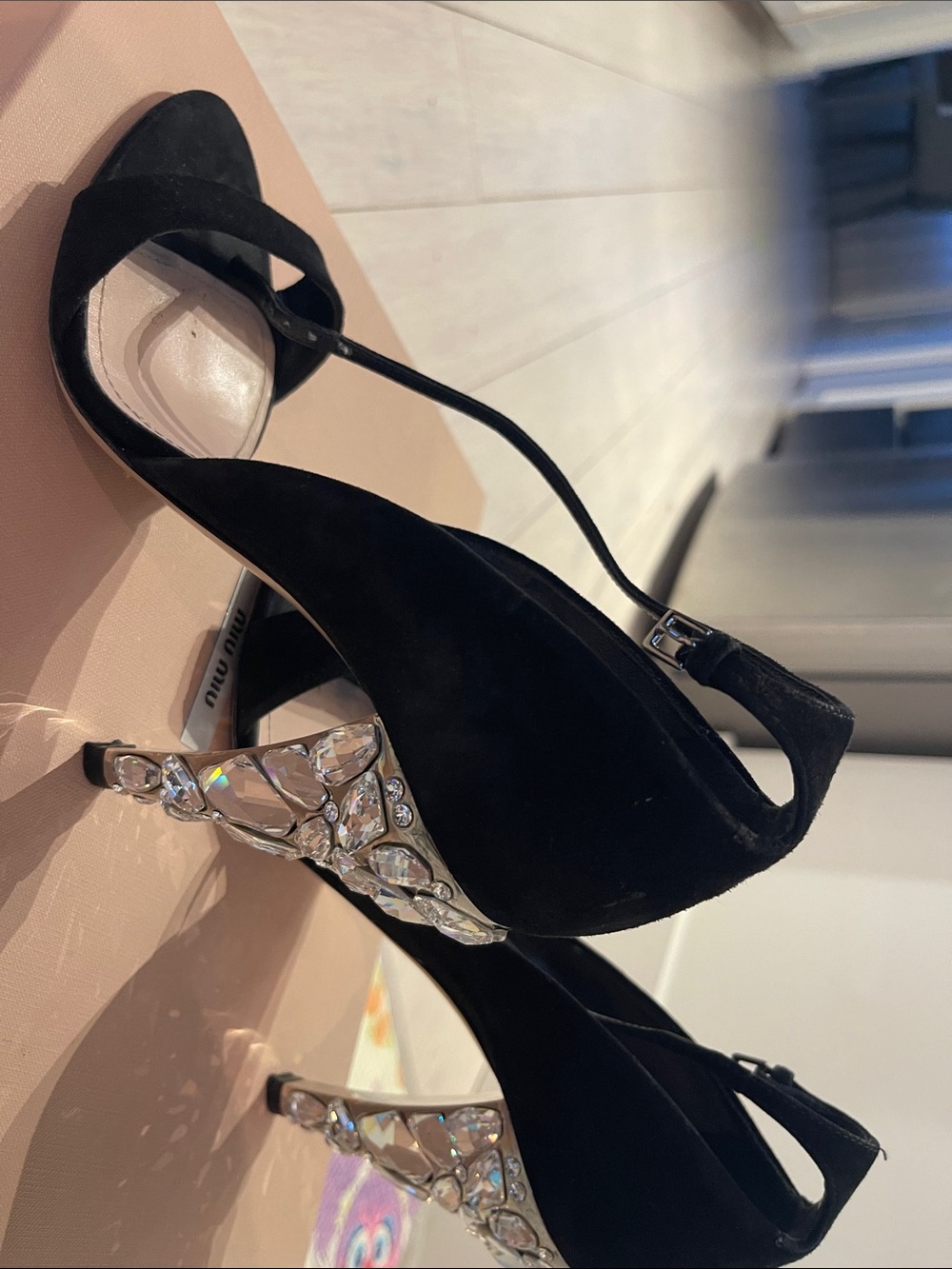 Miu Miu Black Suede Open-Toe Heels with Crystal-Embellished Sculpted Heel
